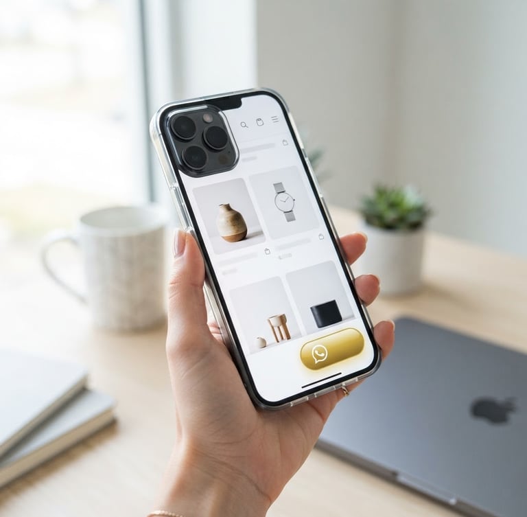 Close-up shot of a modern smartphone in hand displaying a clean digital product catalog with a prominent gold WhatsApp button, bright studio lighting, minimalist workspace background