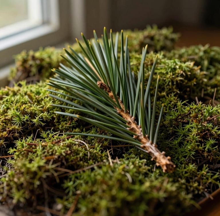 Detailed macro shot of fresh noble fir needles and textured green reindeer moss, with a dry exotic palm spear, soft directional window light, rich organic textures