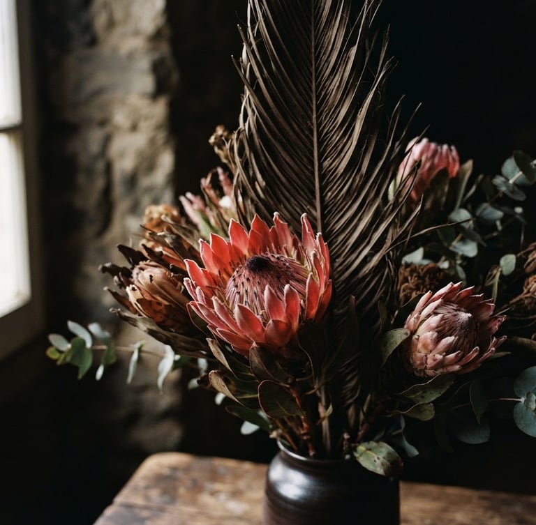 Close-up of raw exotic protea and palm spear, warm editorial photography, soft natural window light, rich earthy tones, deep shadows