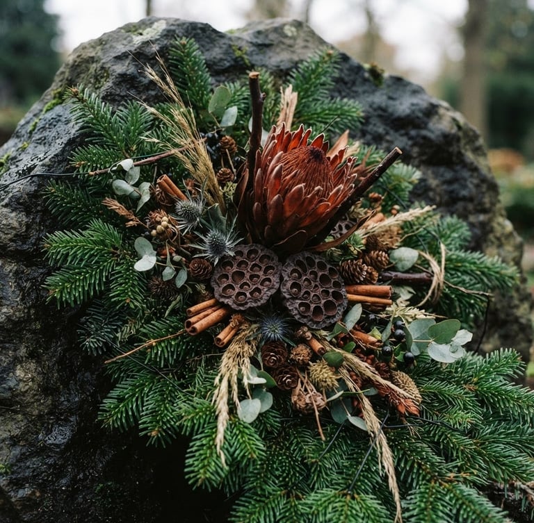 Close-up of premium Grabschmuck arrangement on dark stone, fresh green noble fir branches mixed with dried exotic protea and lotus pods, soft natural daylight, deep shadows, professional editorial photography