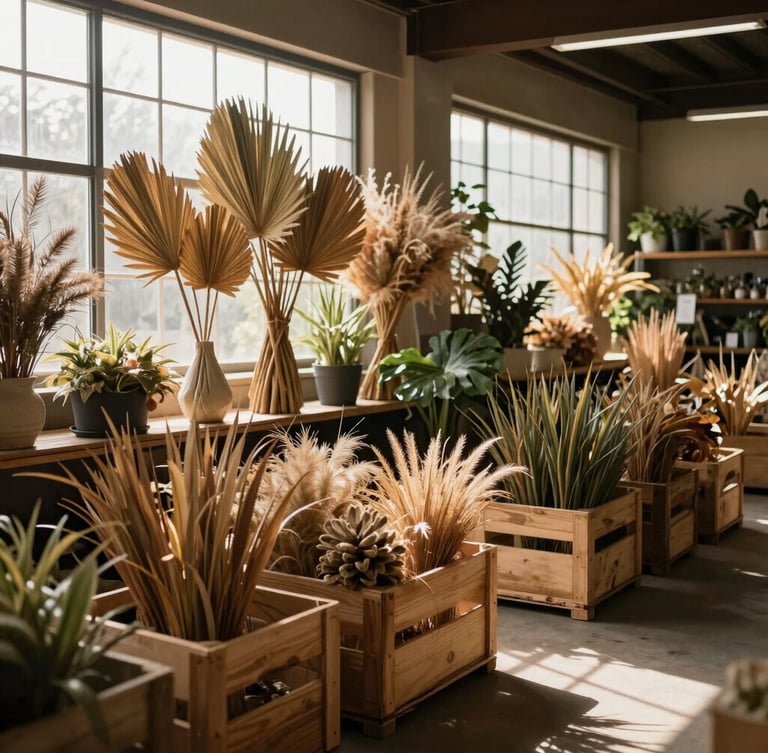 Wide-angle editorial shot of a clean, organized wholesale botanical warehouse, wooden crates filled with dried palms and exotic grasses, soft natural light streaming from high windows, deep shadows.
