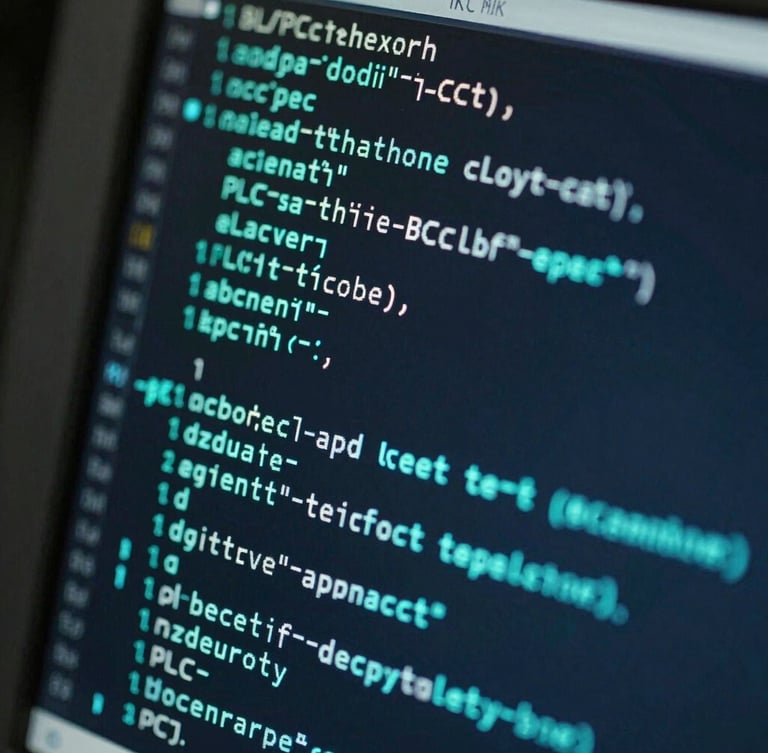 Extreme close-up of an industrial programming terminal screen displaying structured text PLC code, glowing electric cyan characters on a dark background, selective focus on a line of logic, moody low-key lighting.