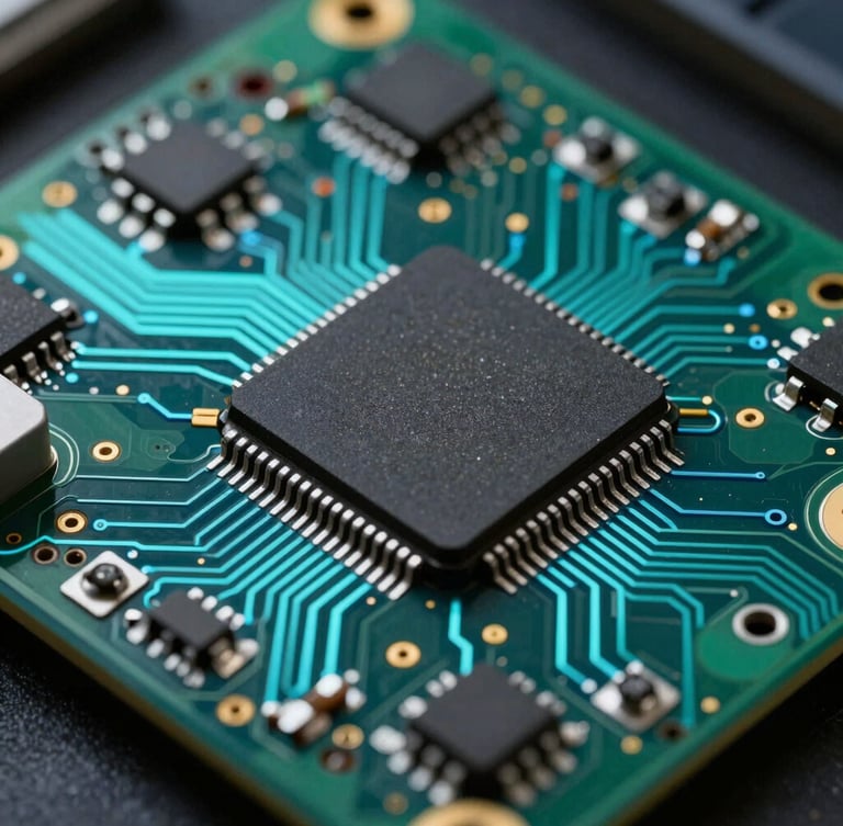 Extreme macro shot of a complex industrial printed circuit board, glowing cyan traces, sharp focus on a microchip with clean solder joints, dark background
