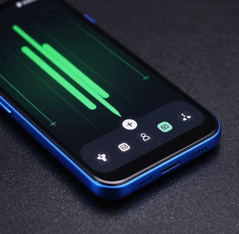 Sleek tech product photography of a modern Android phone displaying a fluid, dark-mode system dashboard with vibrant green telemetry lines, low-key studio lighting with electric blue rim lights, macro lens, sharp focus