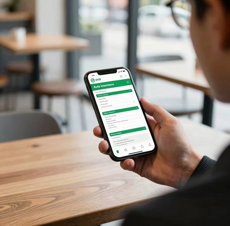Over-the-shoulder shot of a broker in a clean, modern coffee shop holding a smartphone, displaying a beautifully formatted PDF auto insurance quote with green accents, bright natural daylight.