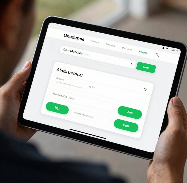 Over-the-shoulder shot of a modern web application on a tablet screen, showing a clean input form with a Brazilian car license plate typed in, vibrant green action buttons, bright natural daylight.