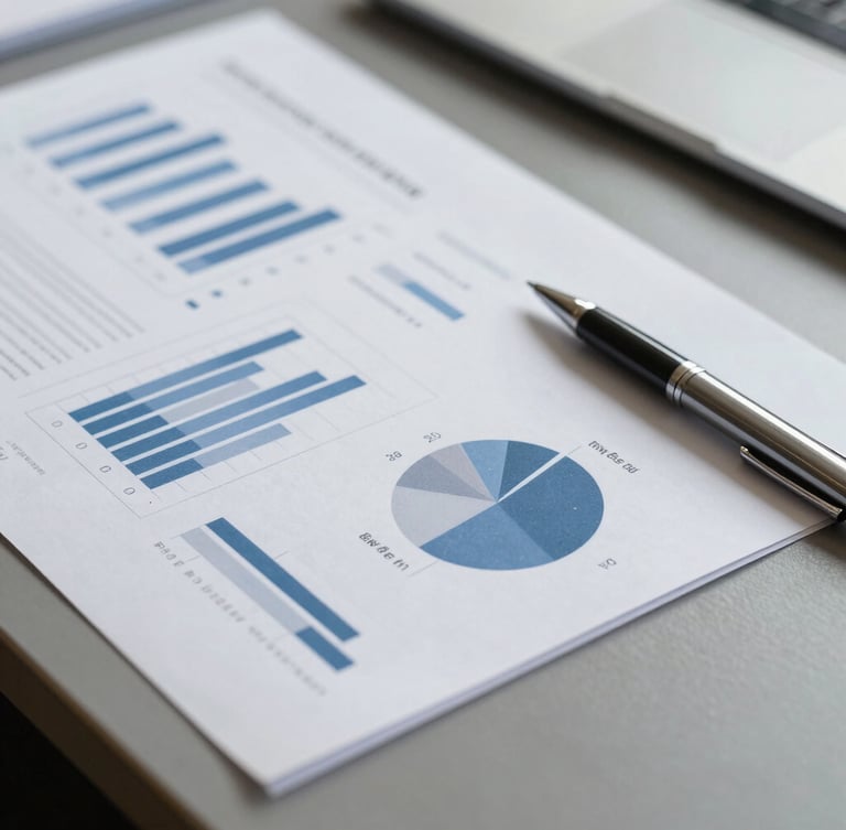 Close-up of structured business documents, financial charts, and a sleek pen on a slate gray desk, clean corporate daylight, sharp focus, 35mm