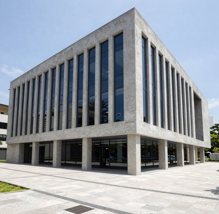 Wide architectural view of a bright, modern corporate office in São Paulo, structured concrete lines, natural daylight, cool slate and navy tones, 35mm