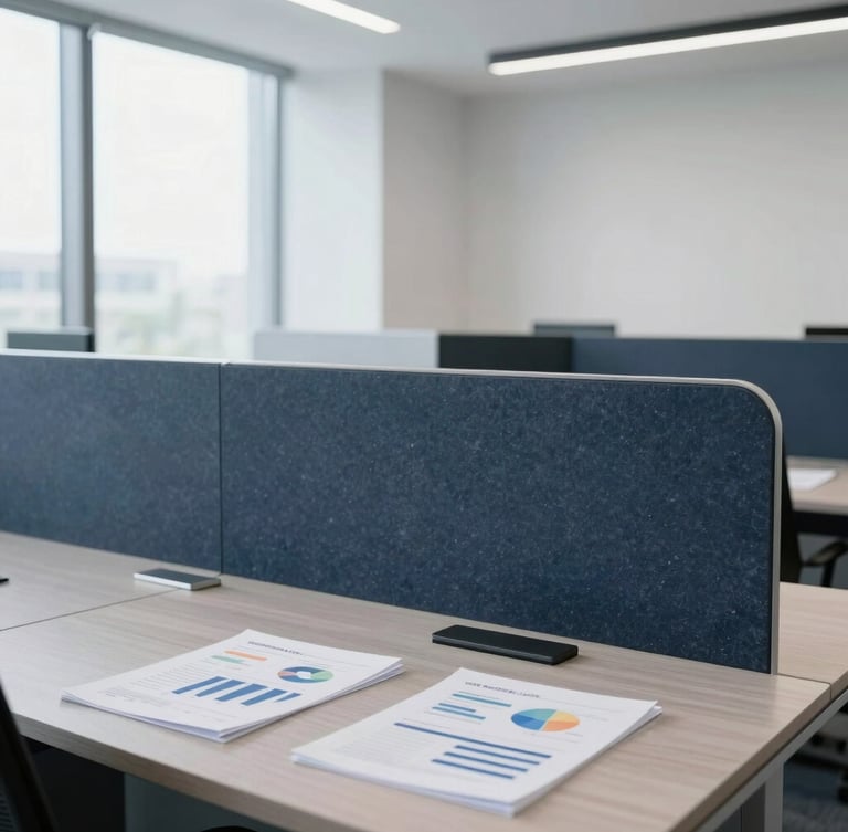 Bright modern office with clean architectural lines, structured workspace with documents and charts, natural daylight, cool slate and navy tones, sharp focus, 35mm