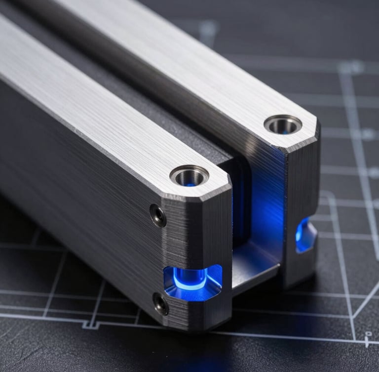 Close-up of a CNC-milled aluminum tactical enclosure, industrial design, sharp blue accent light reflecting off metallic edges, blueprint schematic lines visible in background.