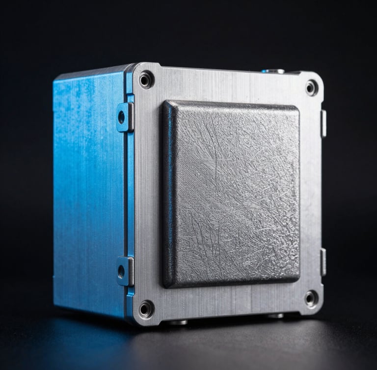 Sharp industrial photography of a ruggedized aluminum control enclosure with visible electromagnetic shielding, low-key studio lighting with cold blue rim light, macro lens focus on metallic textures