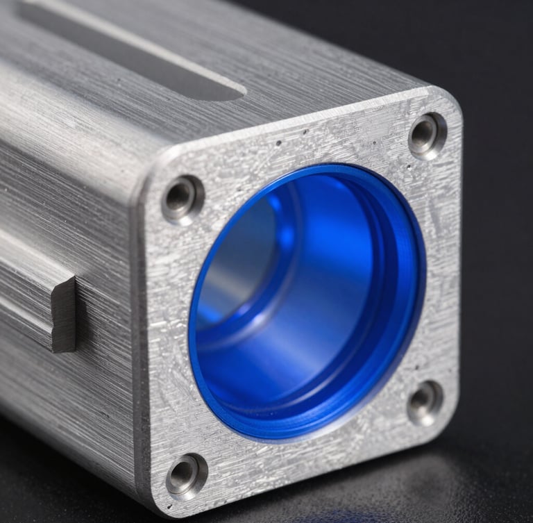 Macro shot of a CNC-milled aluminum military enclosure, sharp blue rim lighting, metallic textures, high-precision defense hardware, sharp industrial photography