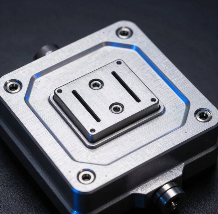 Macro shot of a ruggedized CNC-milled aluminum military control enclosure, dramatic low-key studio lighting with sharp blue rim light, technical precision