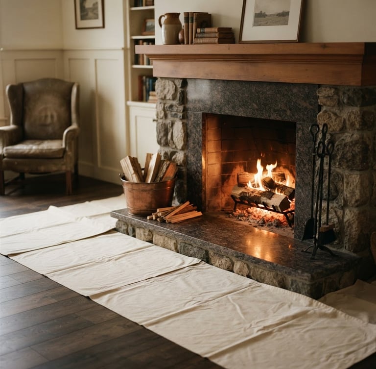 Warm, clean New England hearth with a fire glowing softly, protective drop cloths neatly laid out on the floor, soft indoor lighting, 35mm, shallow depth of field. Subject is off-center to the right.