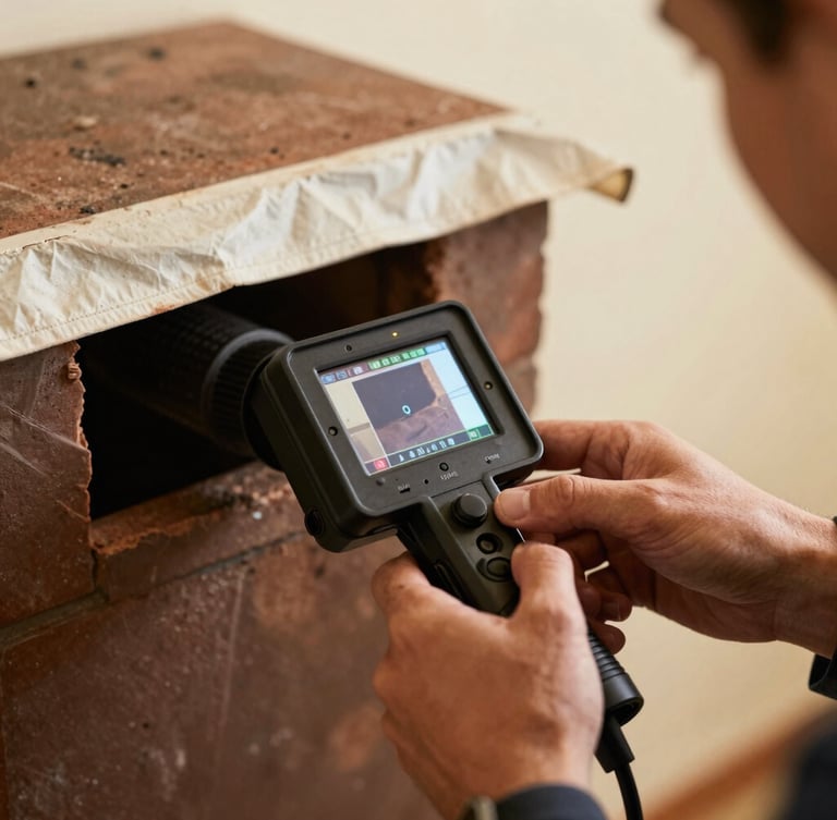 Close-up of a technician's hands operating a video flue inspection camera, the screen showing the interior of a chimney, protective drop cloths neatly laid out in the background, warm natural light, technical precision, 35mm