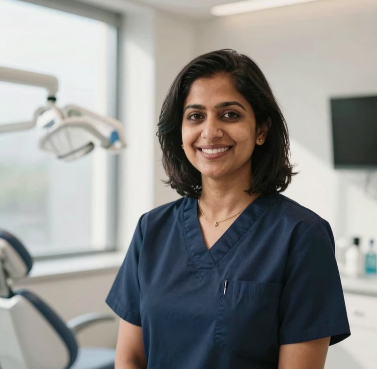 Professional portrait of Dr. Shobha Nangrani in a modern, sunlit dental office, warm lighting, smiling naturally, wearing professional attire, shallow depth of field