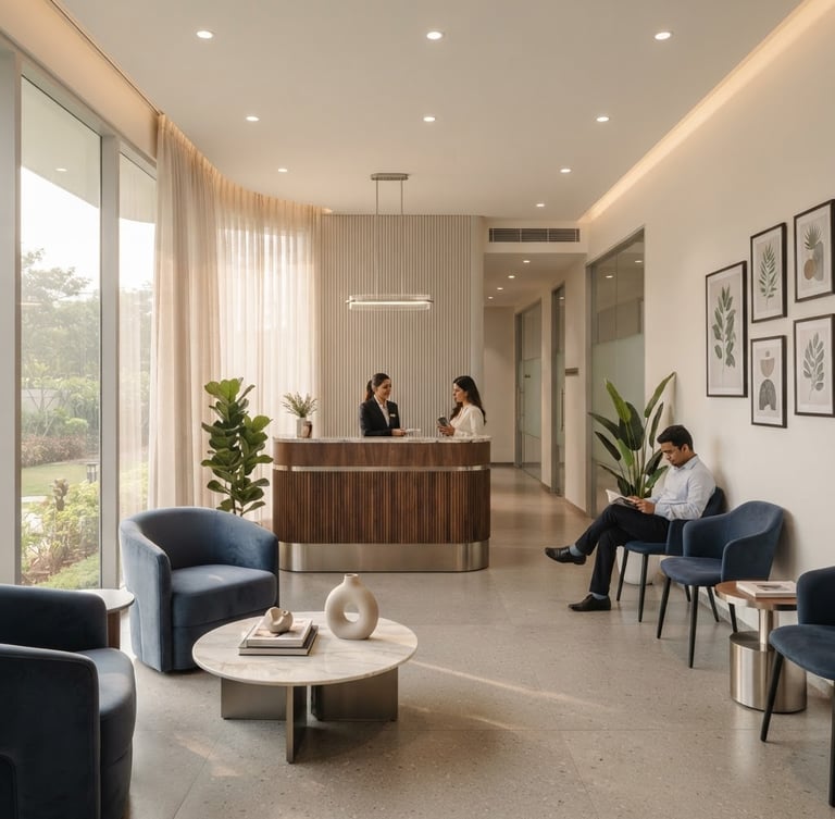 Architectural view of a minimalist luxury dental clinic lobby in Whitefield, soft warm lighting, clean lines, muted navy accents, premium editorial style
