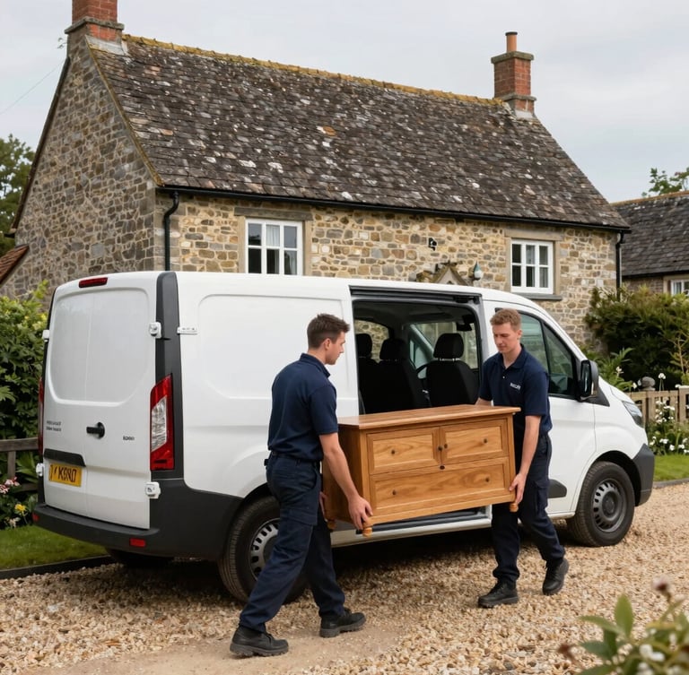 Wide shot of a clean transport van parked on a gravel driveway in front of a traditional Norfolk flint cottage, two uniformed crew members in navy polo shirts carefully carrying a wrapped oak dresser in natural daylight.