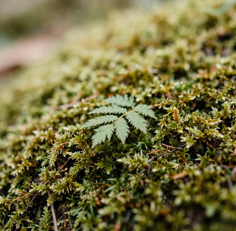 Macro close-up of soft green moss and delicate forest leaves, diffused natural daylight, shallow depth of field