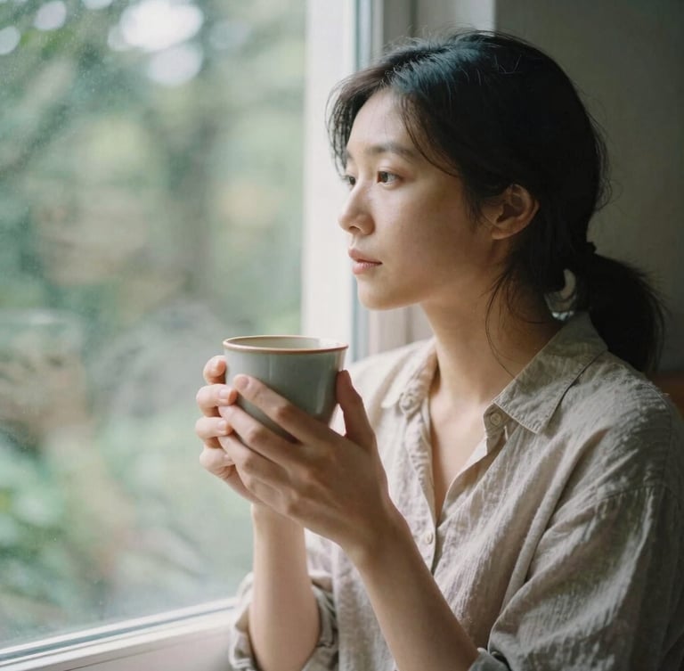 Intimate editorial portrait of a mother sitting by a window with soft morning light, holding a warm ceramic mug, shallow depth of field, 35mm film