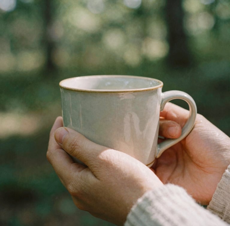 Macro close-up of a warm ceramic mug held by hands, soft linen sleeves, dappled morning forest light filtering through leaves, 35mm film