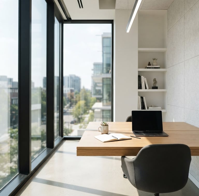Bright architectural photography of a modern minimalist office workspace, natural sun-drenched daylight, clean lines, 35mm lens