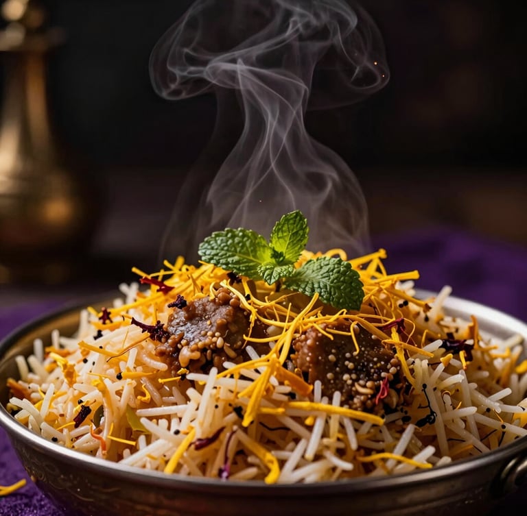 Dramatic low-key close-up of steaming heritage Biryani topped with saffron threads and fresh mint, warm golden highlights, dark moody background, 50mm lens