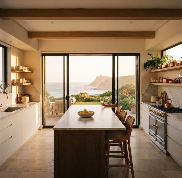 Wide-angle architectural interior of a sun-drenched minimalist villa kitchen on the Garden Route, marble countertops, ocean view visible through expansive glass doors, warm golden-hour light.