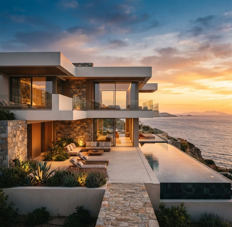 Wide-angle architectural photograph of a modern minimalist villa facade overlooking the ocean at sunset, clean lines, warm golden-hour light.