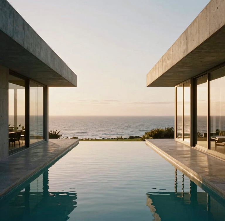 Symmetrical architectural perspective of a modern concrete and glass villa overlooking the ocean, soft golden-hour light reflecting on a clean pool surface