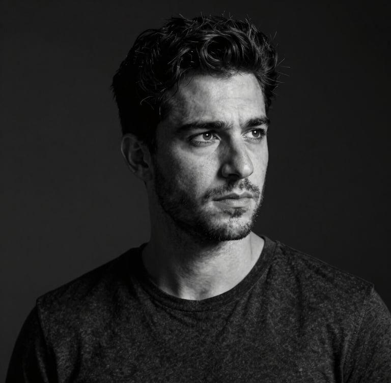 Cinematic, high-contrast black and white portrait of Pablo David Benítez, looking thoughtful, single-source key lighting with deep shadows, dark background.