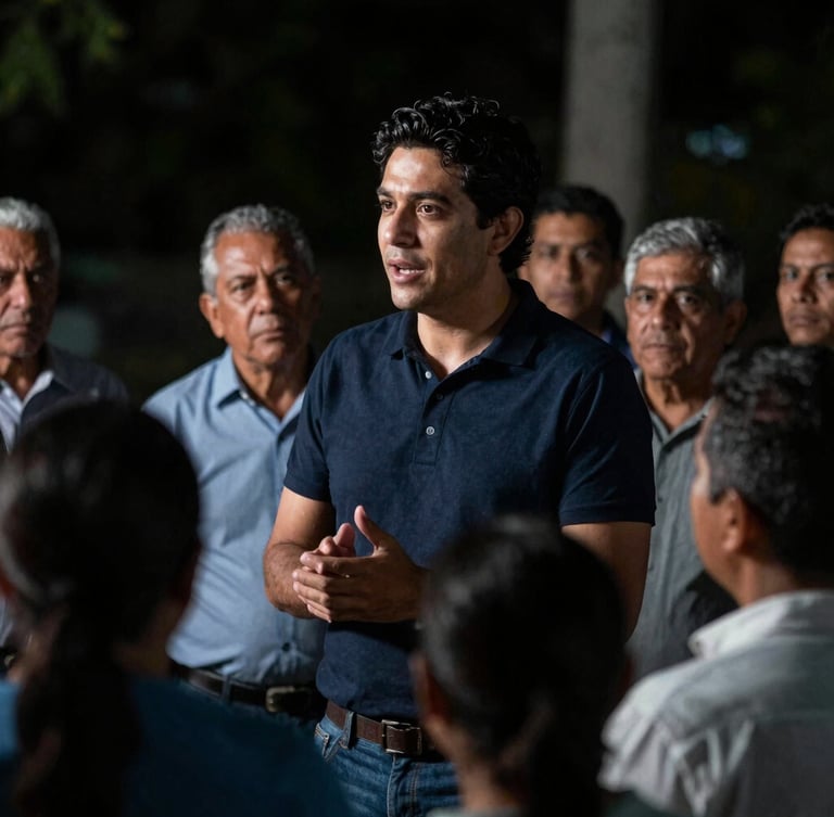 Cinematic low-light medium shot of Pablo David Benítez speaking to a group of local community leaders, single-source key lighting creating dramatic silver highlights, focus on genuine interaction, natural depth of field.
