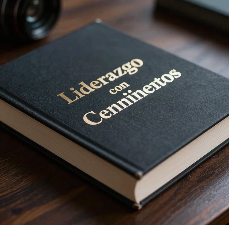 Cinematic close-up of a premium hardback book titled Liderazgo con Cimientos resting on a dark wooden desk, soft side-lighting highlighting the silver foil lettering, moody shadows.