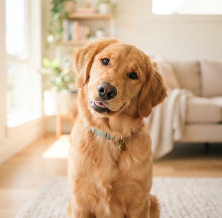 Bright, warm portrait of a happy golden retriever looking inquisitively, head tilted, in a modern, sunlit home, shallow depth of field, 35mm lens, soft pastel tones