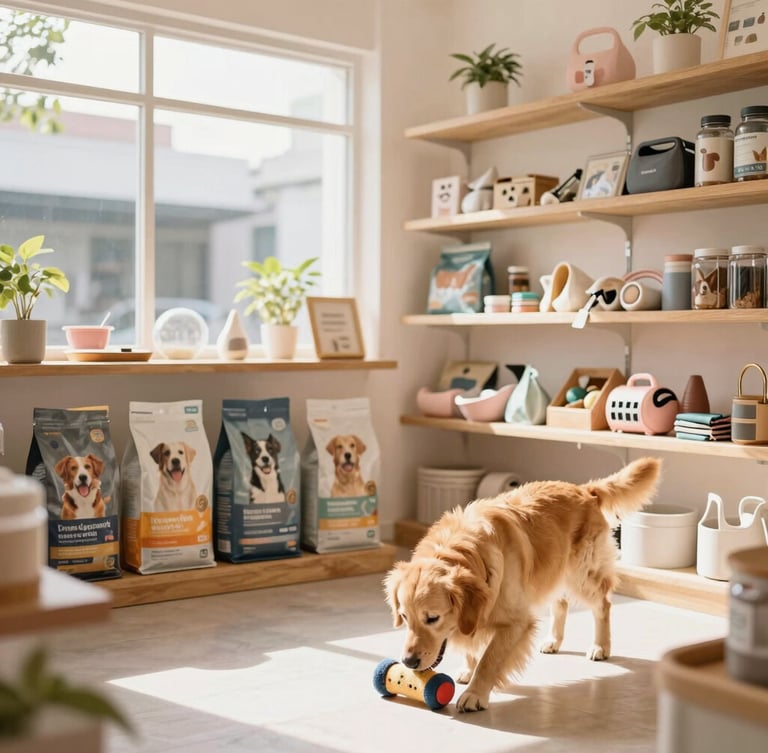 Bright, airy interior of a modern pet shop on Narra Street, Cebu, with clean wooden shelves stocked with premium dog food bags and stylish pet accessories. Soft natural daylight streams through the windows, illuminating a friendly golden retriever dog happily sniffing a toy in the foreground. Warm lifestyle photography, soft pastel tones, shallow depth of field.