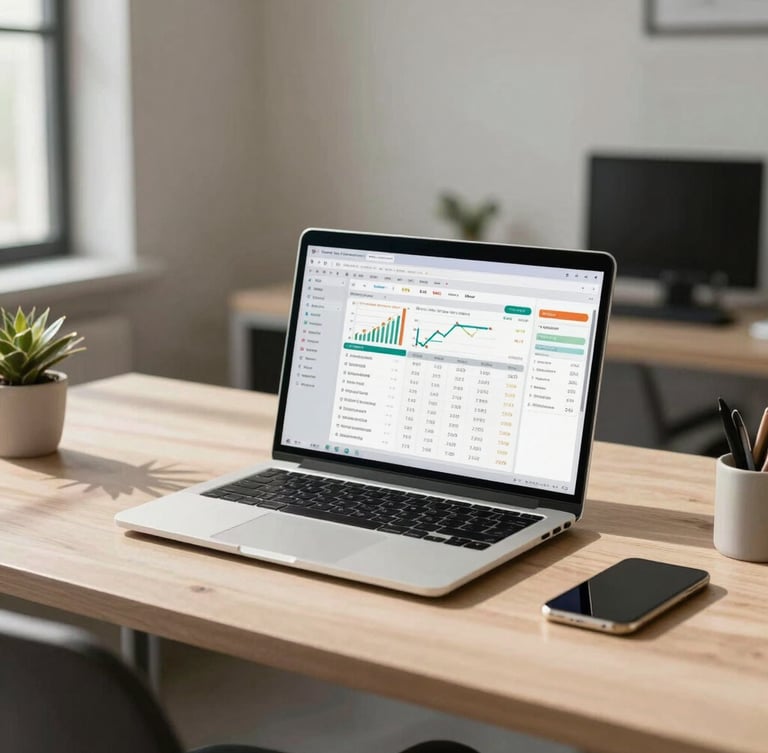 Wide-angle environmental shot of a clean, realistic workspace with a laptop showing a structured financial dashboard, bright daylight, neutral tones.