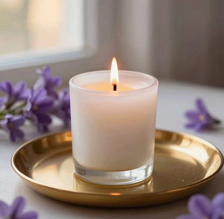 An elegant white candle burning slowly on a golden tray, subtle purple flowers in the background, soft warm lighting, shallow depth of field, refined editorial style