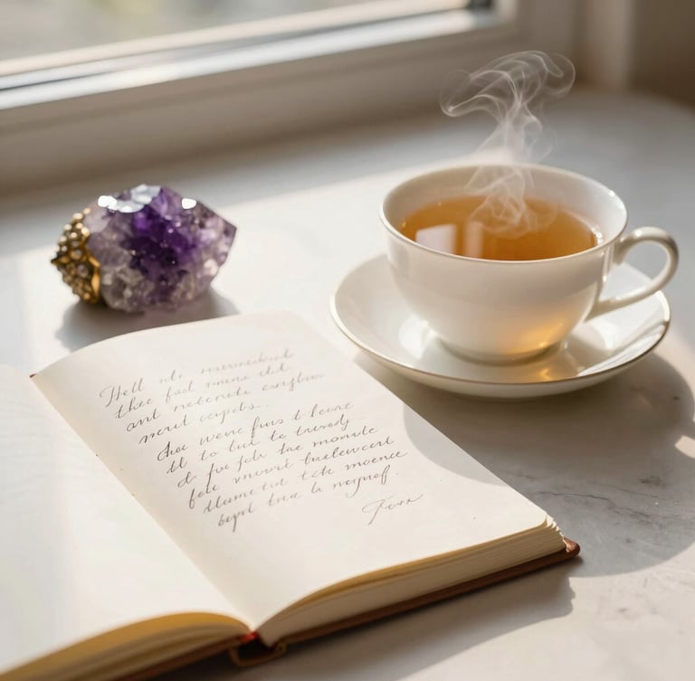 An open notebook with reflections written in elegant script next to a cup of herbal tea, soft morning sunlight, amethyst crystal resting nearby, warm and peaceful setting