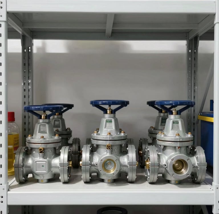 Straight-on eye-level shot of neatly organized mechanical MEP components and industrial valves on a clean warehouse shelf, bright natural daylight, sharp focus, 35mm lens