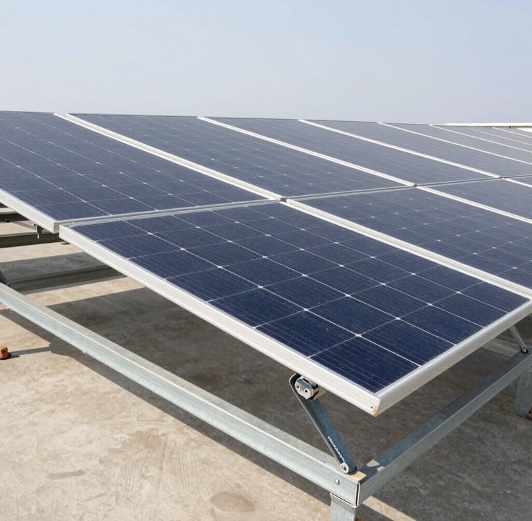 Slightly overhead structured shot of industrial monocrystalline solar panels installed on a metal rack, clear bright daylight, clean organized composition, neutral colors, 35mm lens