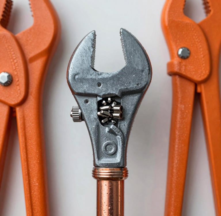 Close-up of professional plumbing tools, heavy wrench gripping a copper pipe, high-contrast industrial lighting, orange and charcoal tones, sharp focus