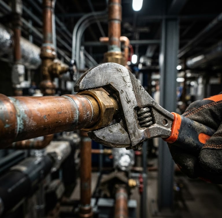 Macro detail of a professional wrench tightening a copper pipe joint, high-contrast industrial lighting, sharp focus, metallic reflections with orange accent tones.