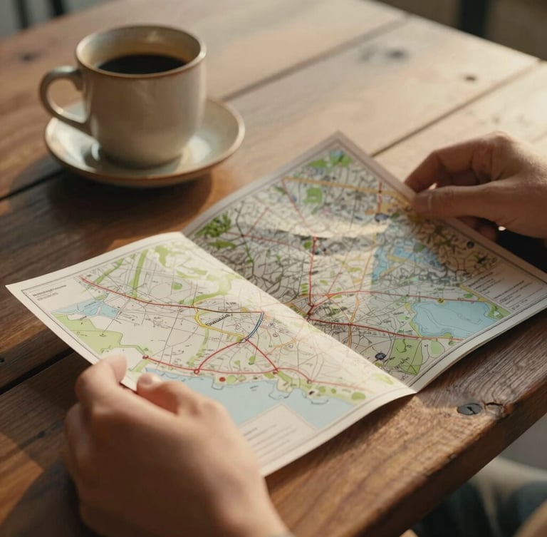Close up of hands holding a printed map on a wooden table next to a rustic coffee cup, soft morning light, warm cinematic tones