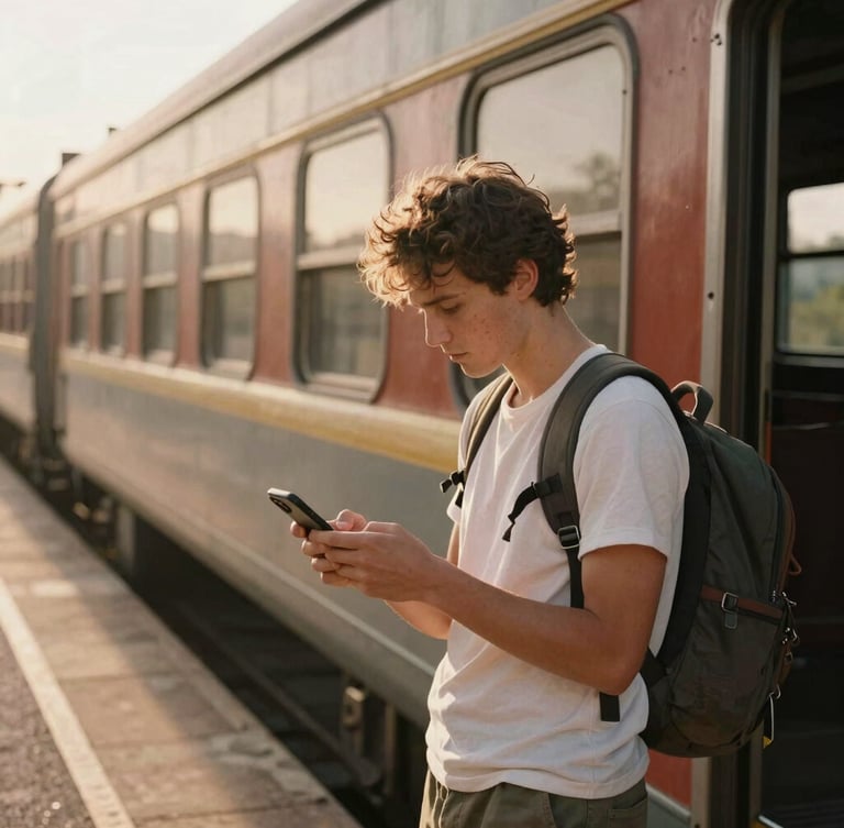 Candid lifestyle shot of a traveler looking at their phone on a rustic train platform, warm sun flares, analog film style