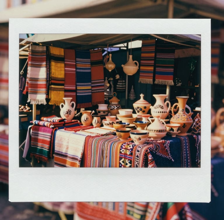 Handmade ceramic pottery and colorful woven textiles displayed at a traditional outdoor market stall.