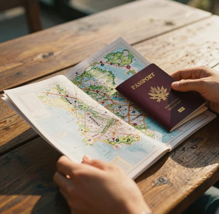 Close-up of hands holding a beautifully printed physical travel map and a passport on a rustic wooden table, warm morning light, cinematic depth of field.