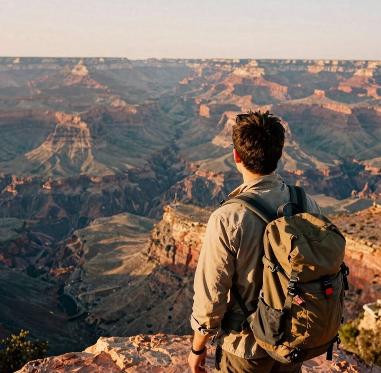 A traveler with a backpack looking out over a vast canyon in northern Mexico, warm golden hour sunlight, analog film grain, cinematic travel photography