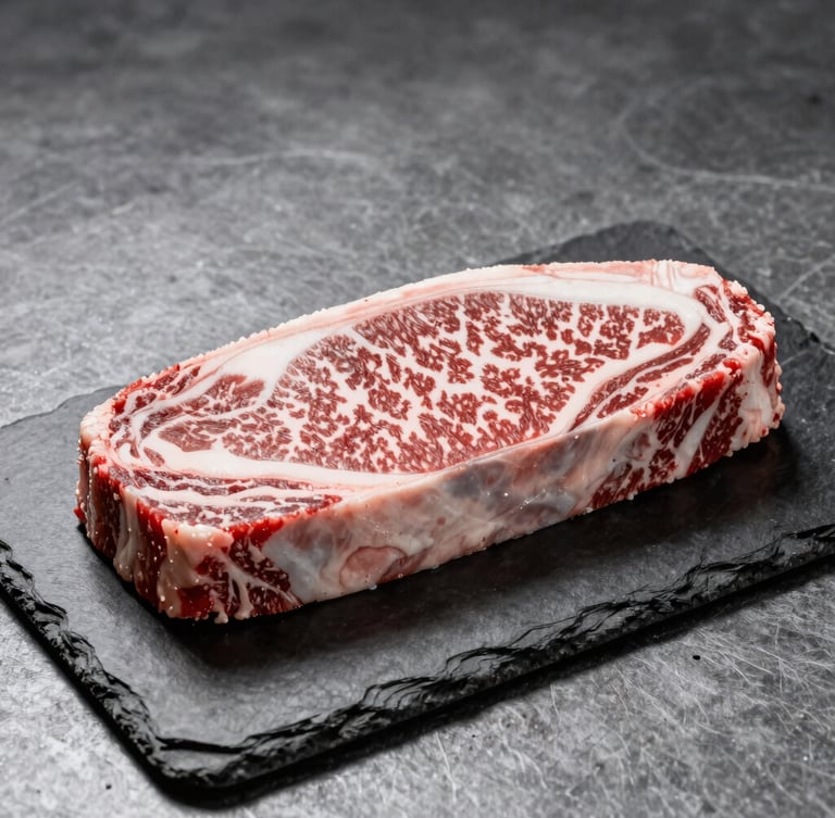 Sharp industrial photography of a premium marbled beef cut on dark slate, cool steel tones, focused spotlight highlighting freshness, 35mm