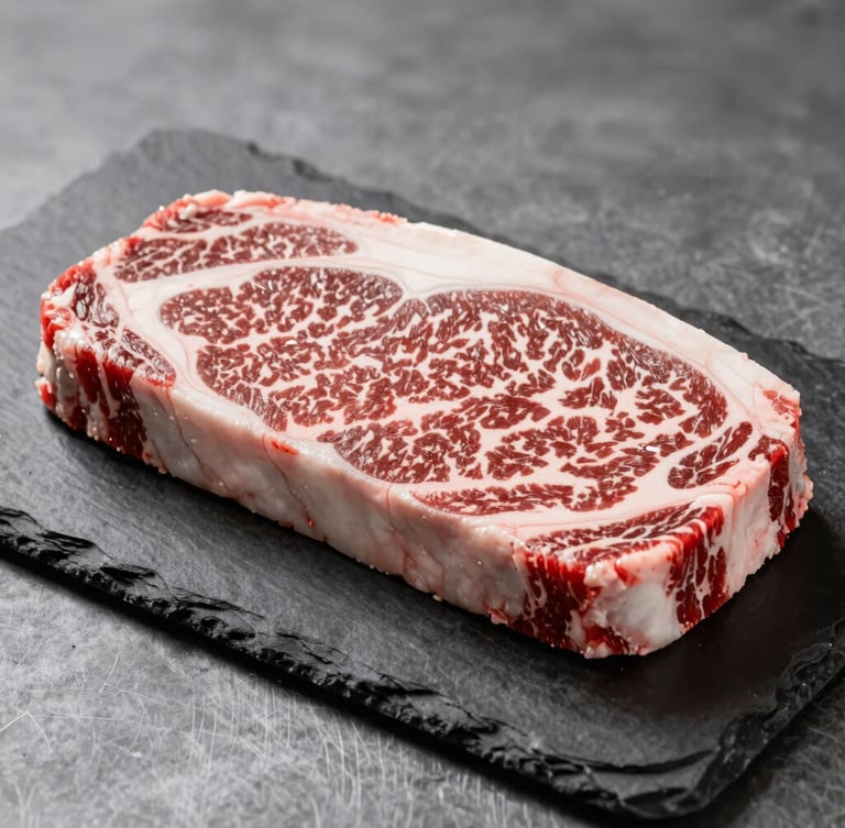 Close-up of premium marbled raw beef cut resting on a dark slate slab, dramatic side lighting, steel gray background, sharp focus on meat texture, 35mm