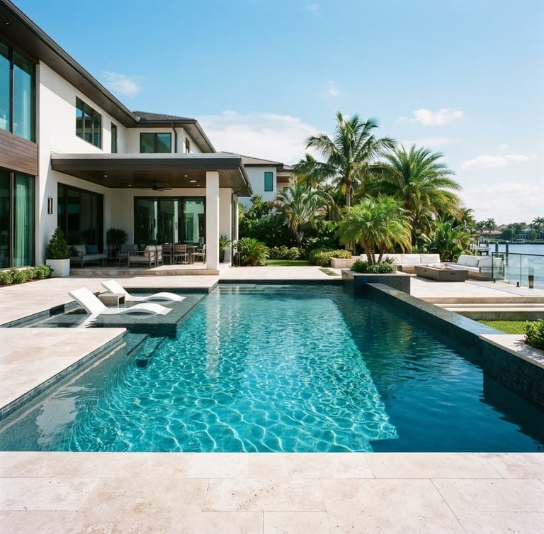A wide architectural shot of a luxury residential swimming pool in Tampa, bright Florida sunlight reflecting off pristine, crystal-clear turquoise water, minimal clean design, 35mm